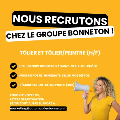 VOTRE GARAGE A SAINT CLAIR DU RHÔNE RECRUTE POUR LE POSTE DE TÔLIER ET TÔLIER/PEINTRE !, Saint-Clair-du-Rhône, Groupe BONNETON